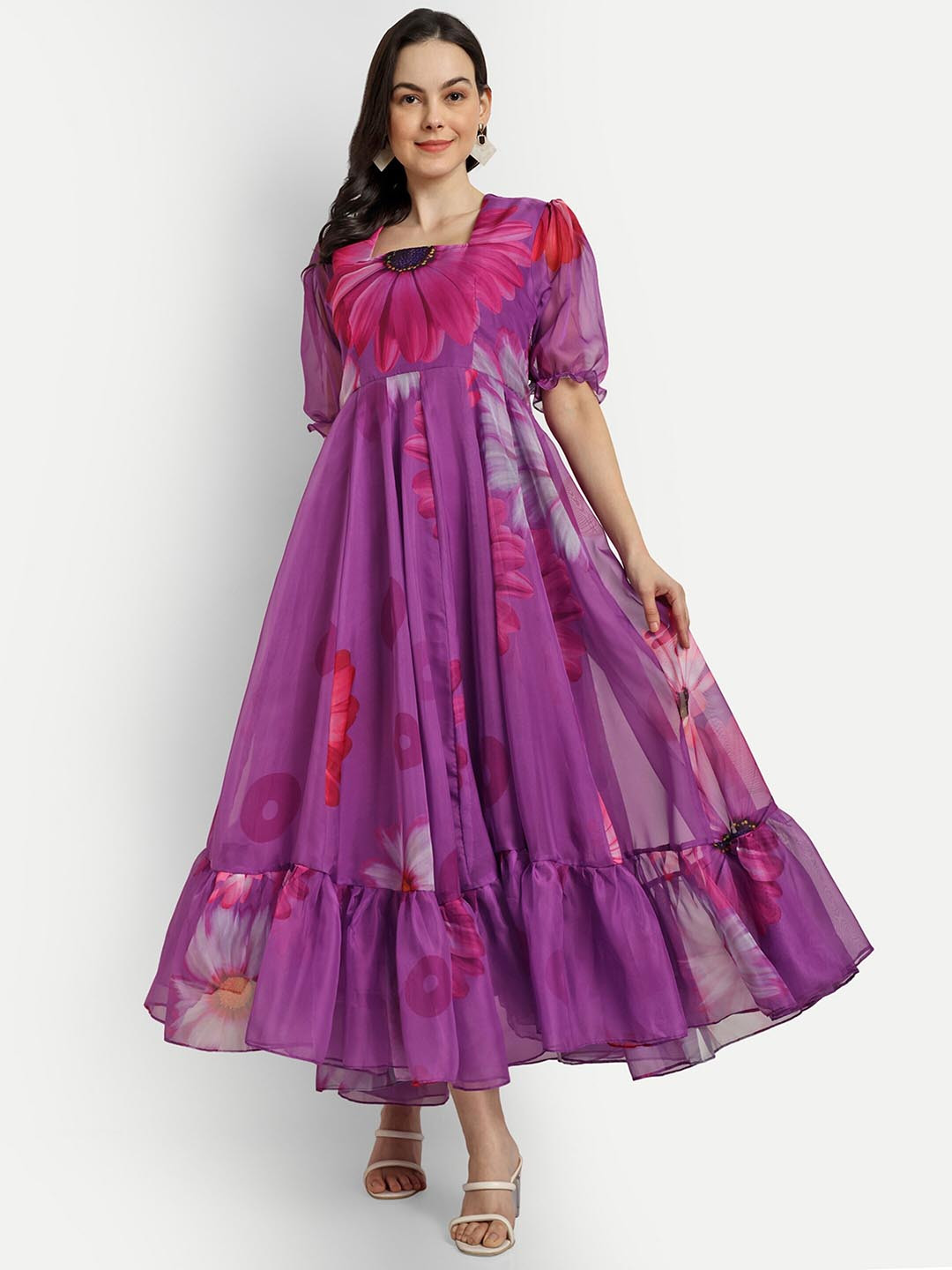 SHINISHA Floral Printed Puff Sleeve Square Neck Gathered Maxi Dress