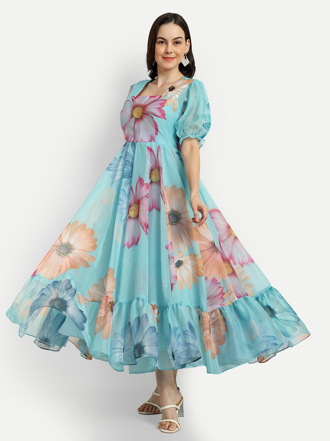 SHINISHA Floral Print Puff Sleeve Maxi Dress