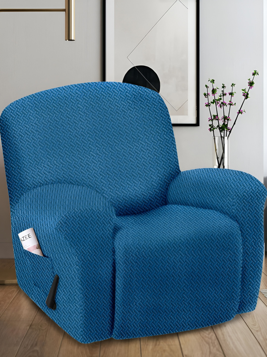 Cortina Blue Solid Jacquard Stretchable One Seater Recliner Cover