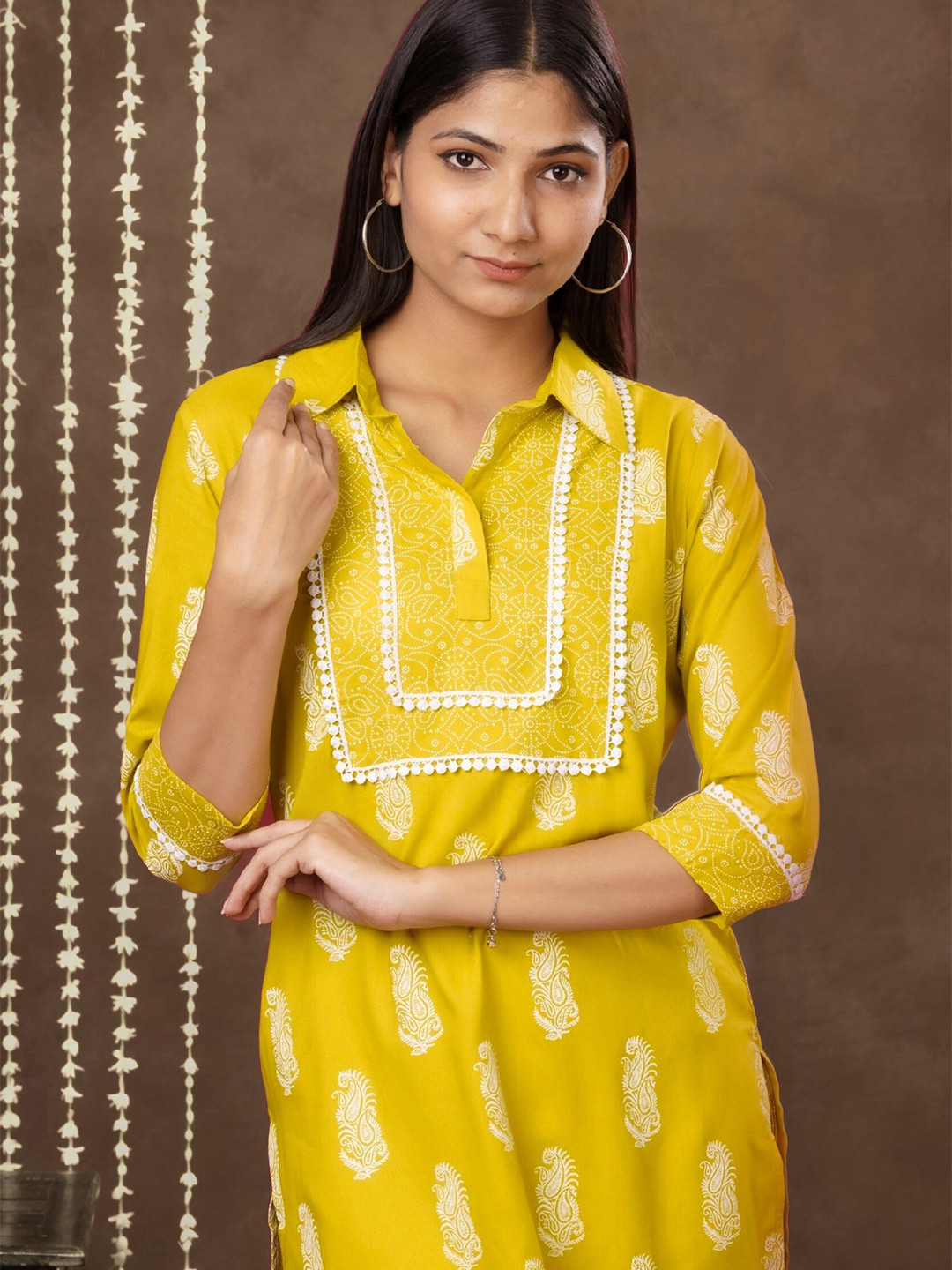 mokshi Beige & Blue Paisley Printed Shirt Collar Straight Kurta With Palazzo