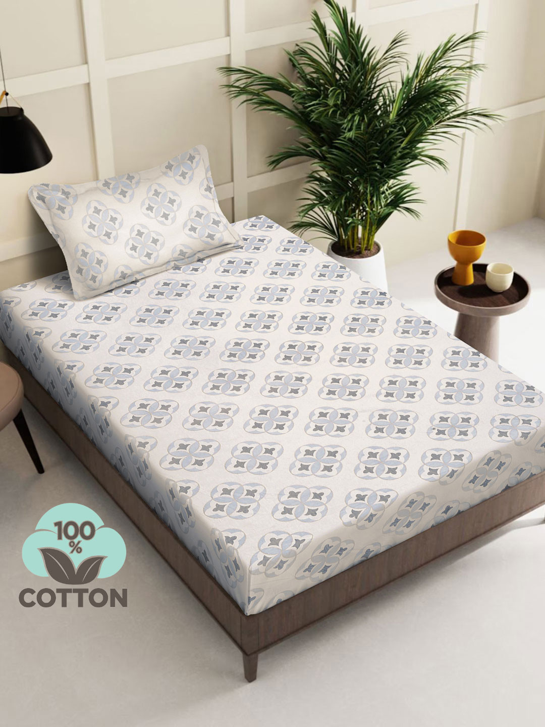 KLOTTHE Beige Geomatric Printed Pure Cotton 400 TC Single Bedsheet With Pillow Cover