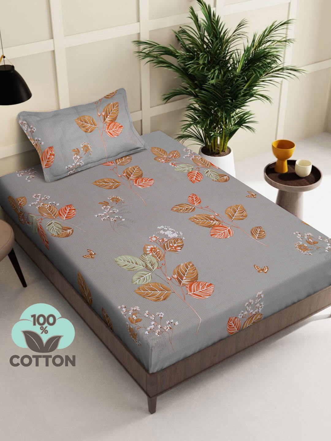 KLOTTHE Grey Floral Printed Pure Cotton 400 TC Single Bedsheet Set