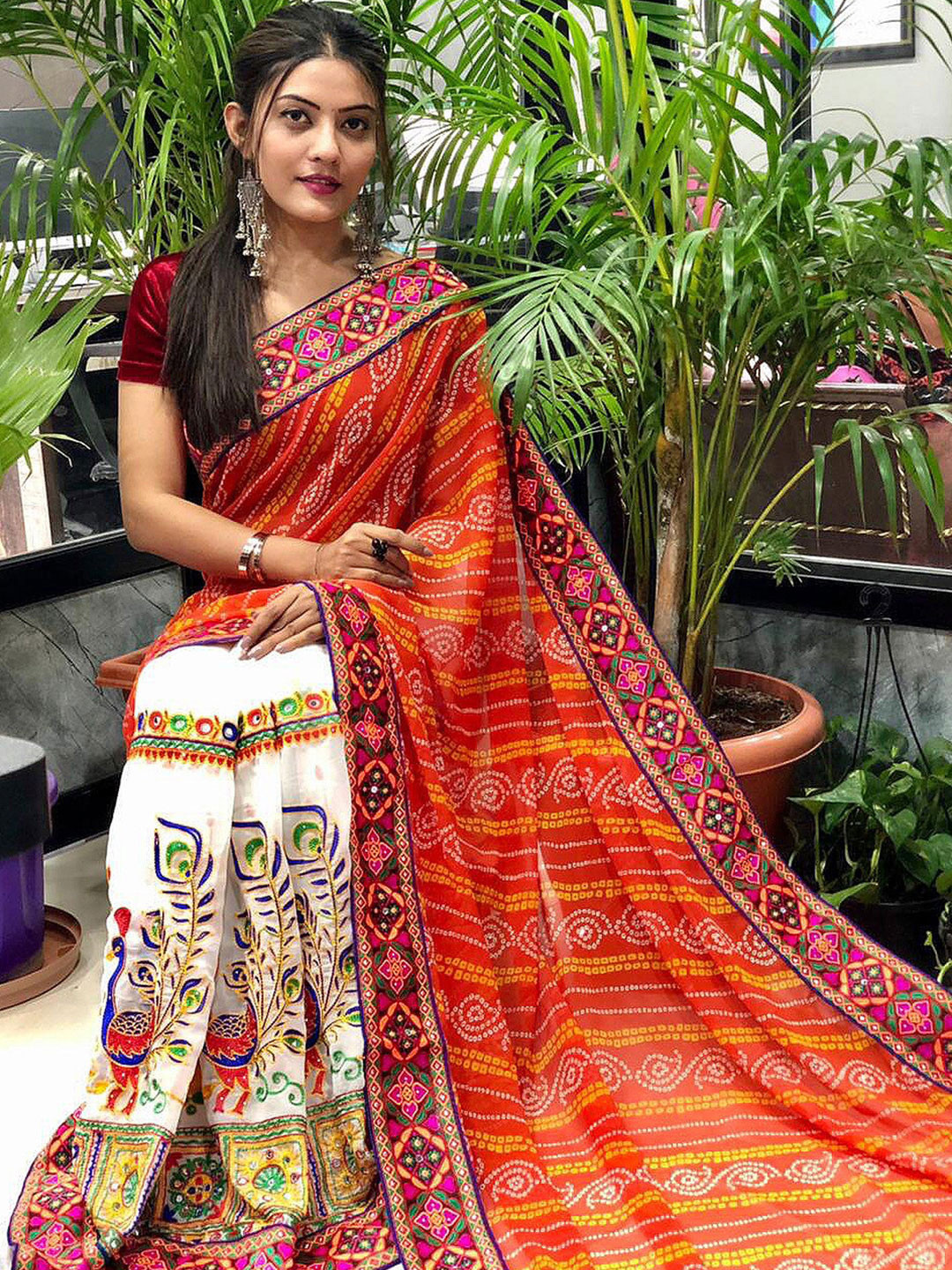 KALINI Orange & Cream Bandhani Embroidered Pure Georgette Half and Half Bandhani Saree