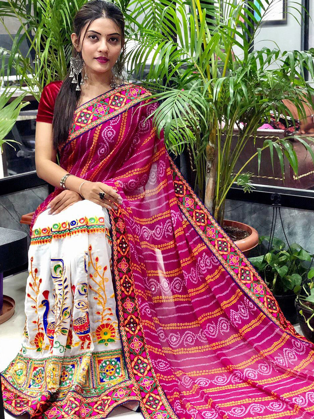KALINI Pink & Cream Bandhani Embroidered Pure Georgette Half and Half Bandhani Saree