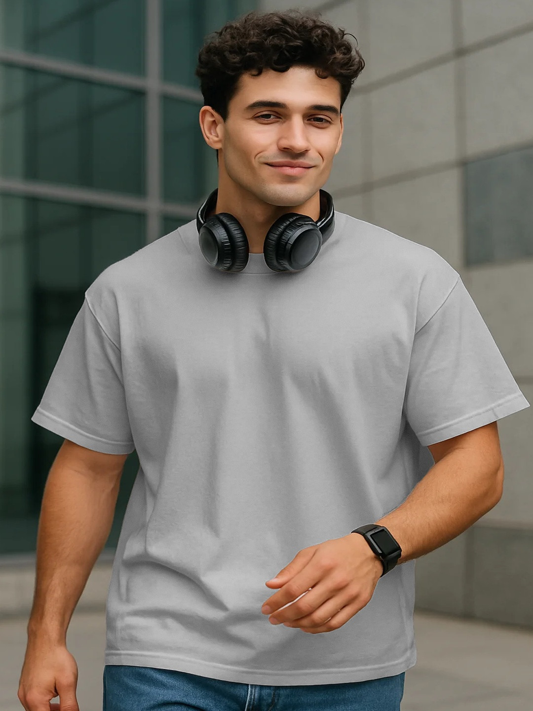 NOBERO Men Grey Melange Solid Cotton Round Neck Short Sleeves Oversized Loose Fit T-shirt