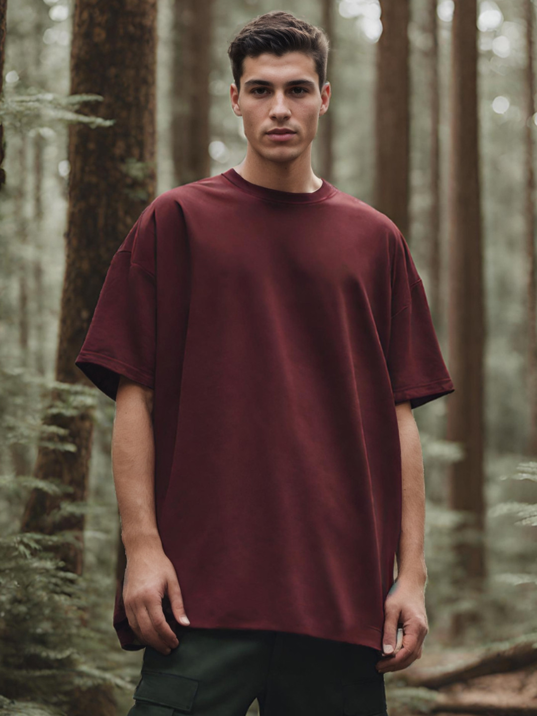 NOBERO Men Wine Red Solid Cotton Round Neck Drop-Shoulder Sleeves Oversized Loose Fit T-shirt