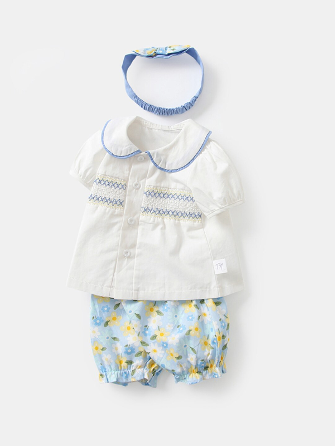StyleCast Girls White Pure Cotton Peter Pan Collar Top With Printed Shorts & Headband