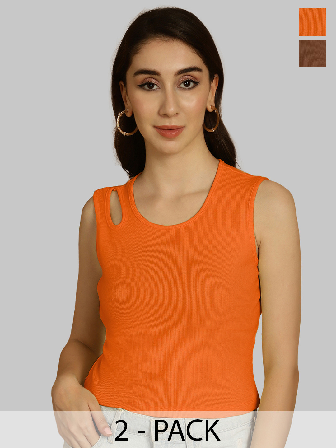 Friskers Orange & Brown Keyhole Neck Cotton Sleeveless Top