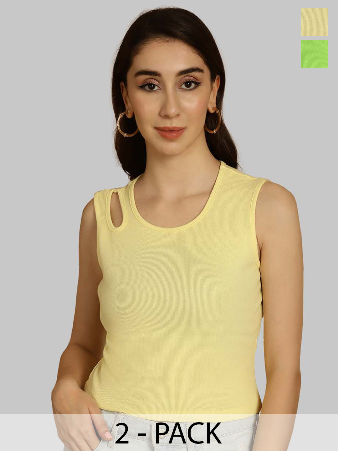 Friskers Yellow & Green Keyhole Neck Cotton Sleeveless Top