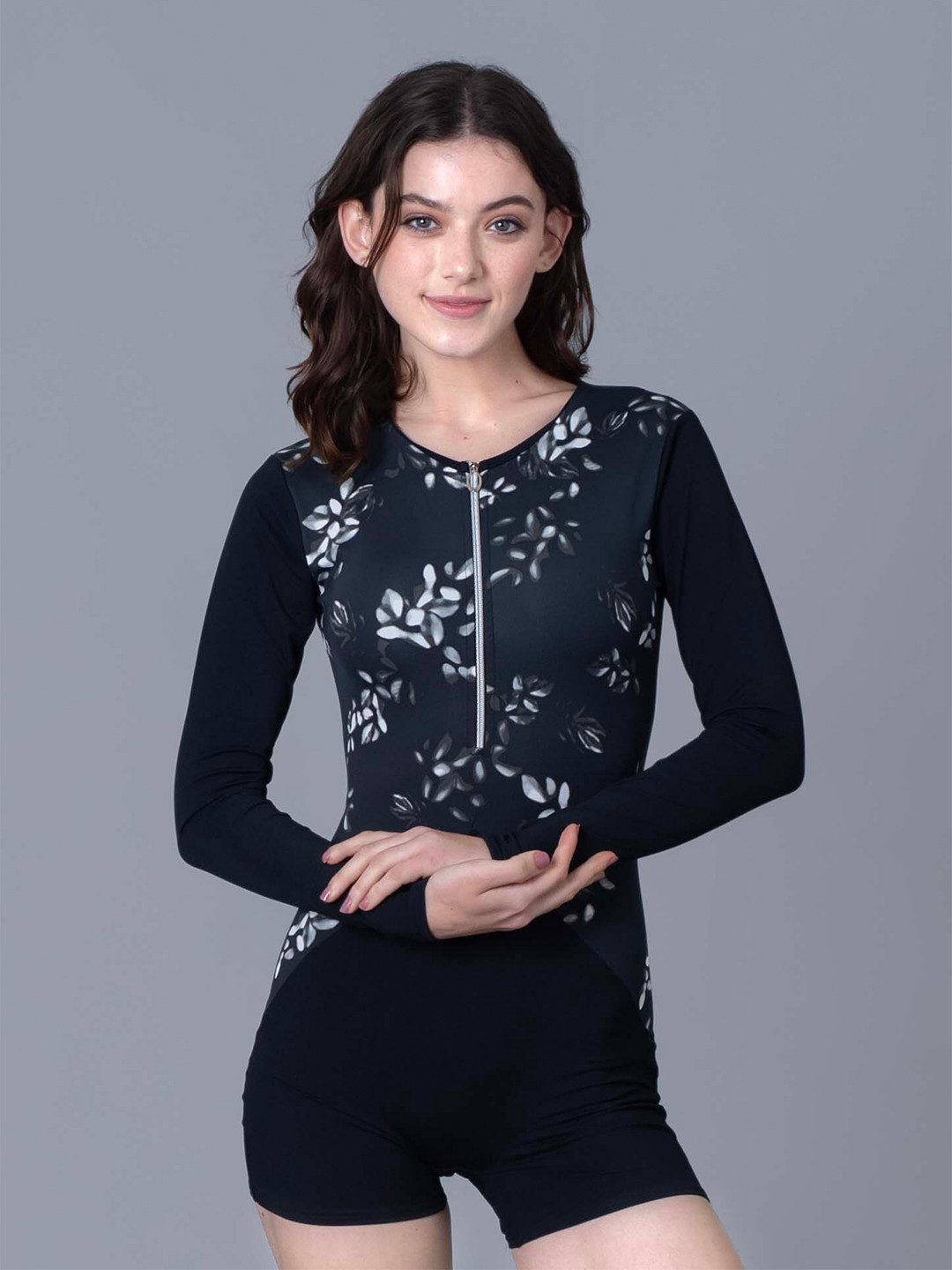 Keepfit Women Floral Printed Long Sleeves Padded Legsuit with Medium Coverage