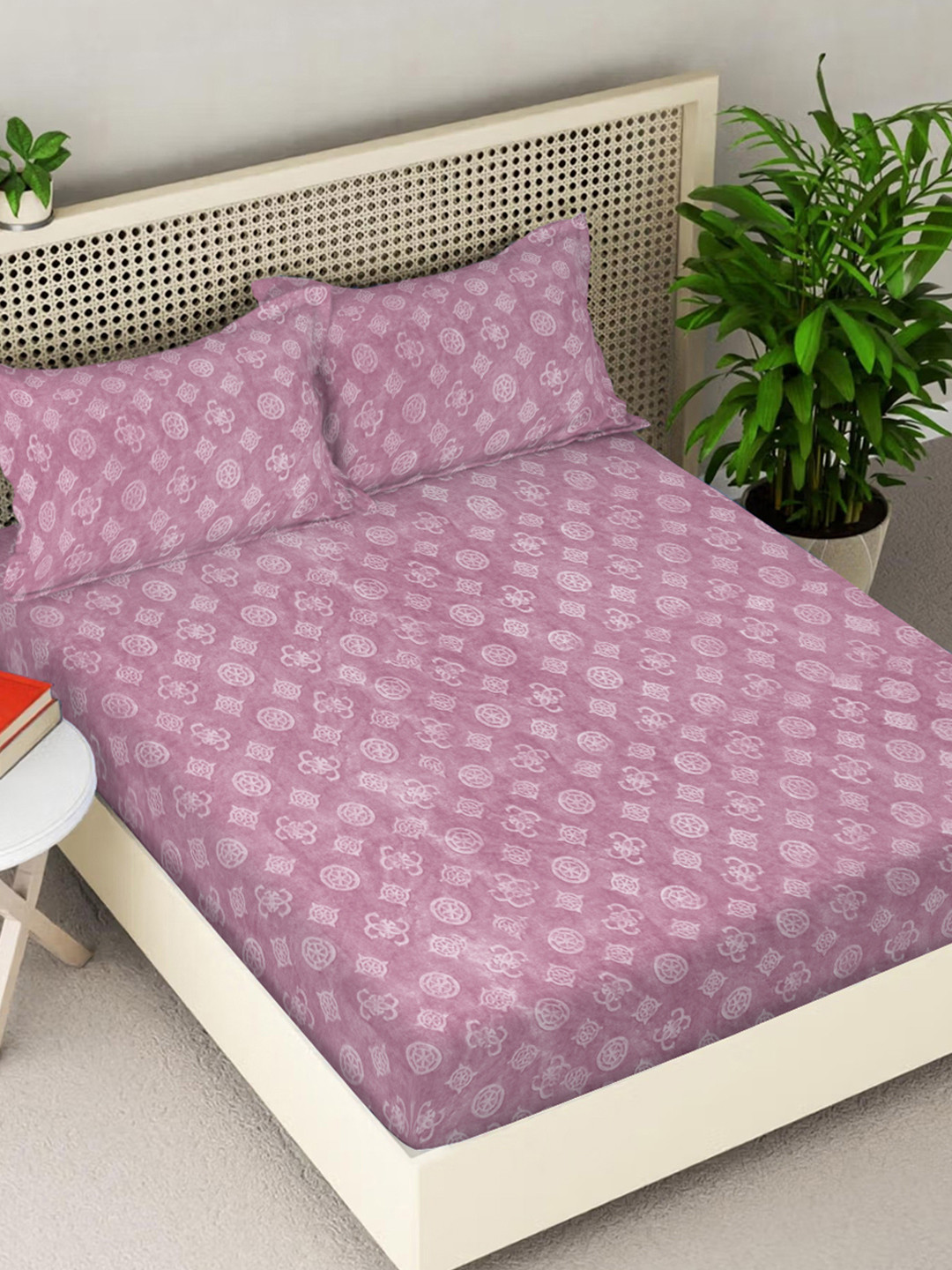 FABINALIV Woollen Embossed Pink Ethnic Motifs Wool 300 TC King Fine Bedsheet with 2 Pillow Covers-98 x 89 inches