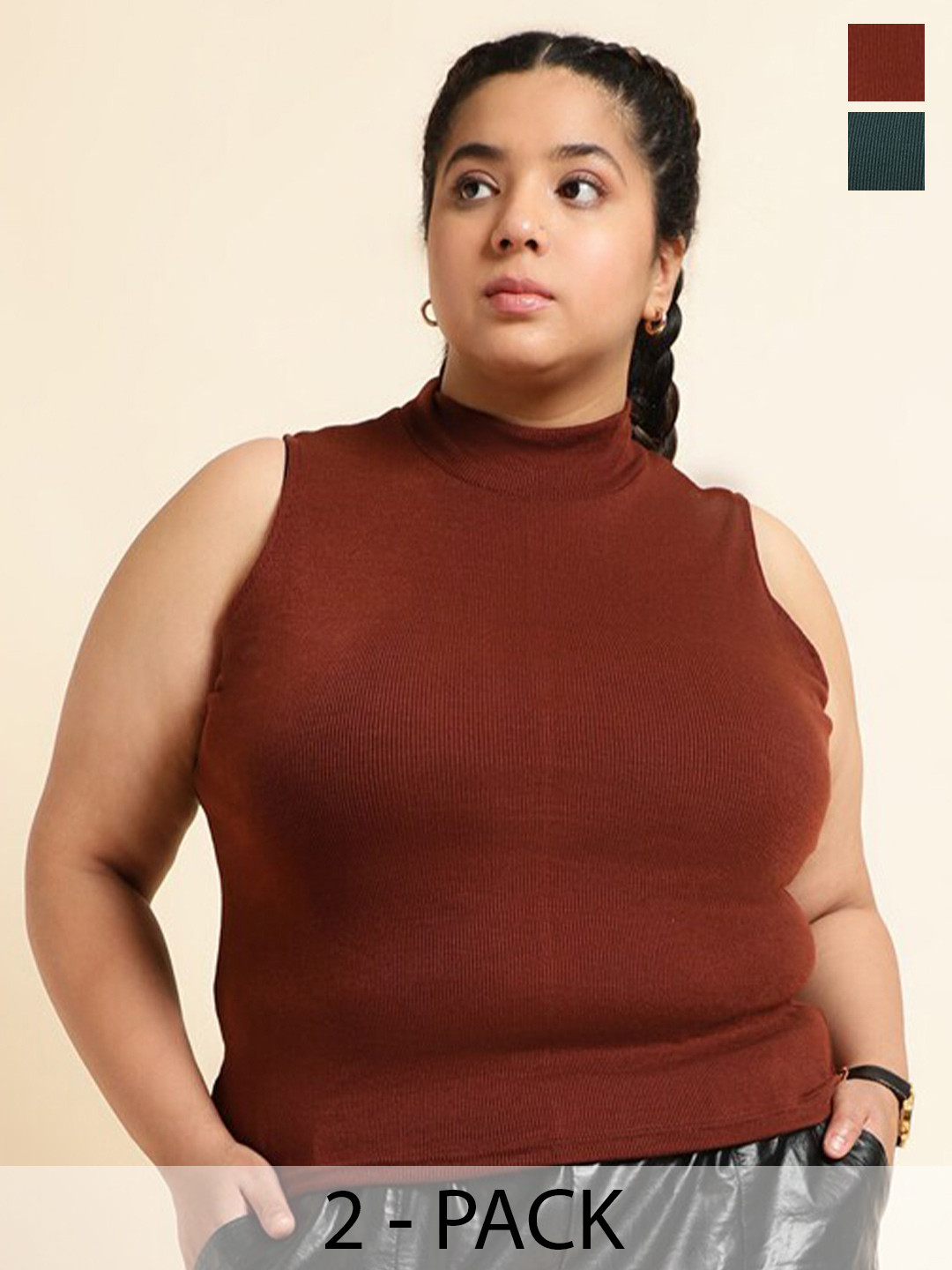 UnaOne Plus Size Pack Of 2 Ribbed High Neck Cotton Fitted Tops