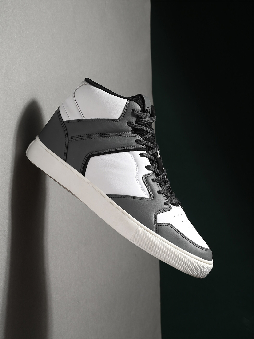 HRX by Hrithik Roshan Men White & Grey Skate Street Mid Top Perforations Comfort Sneakers