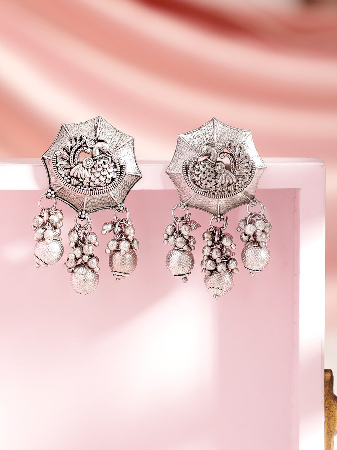 Rubans Silver-Toned & Gunmetal-Toned Geometric Studs Earrings