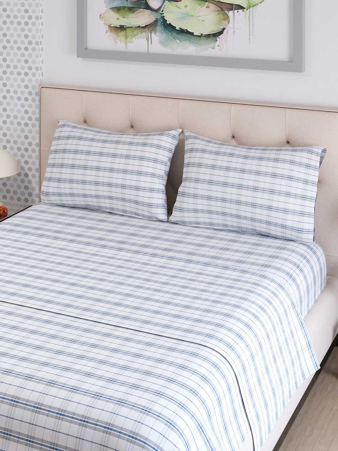 Layers Emaline Grey Checked Pure Cotton 144 TC King Bedsheet with 2 Pillow Covers-108 x 90 inches