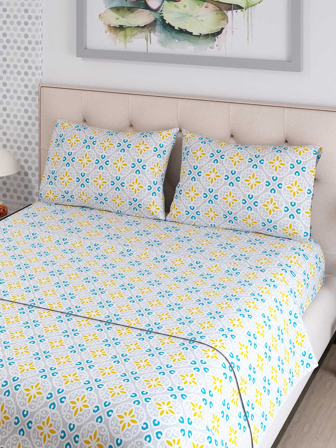 Layers Emaline Grey Ethnic Cotton 144 TC Double Bedsheet with 2 Pillow Covers