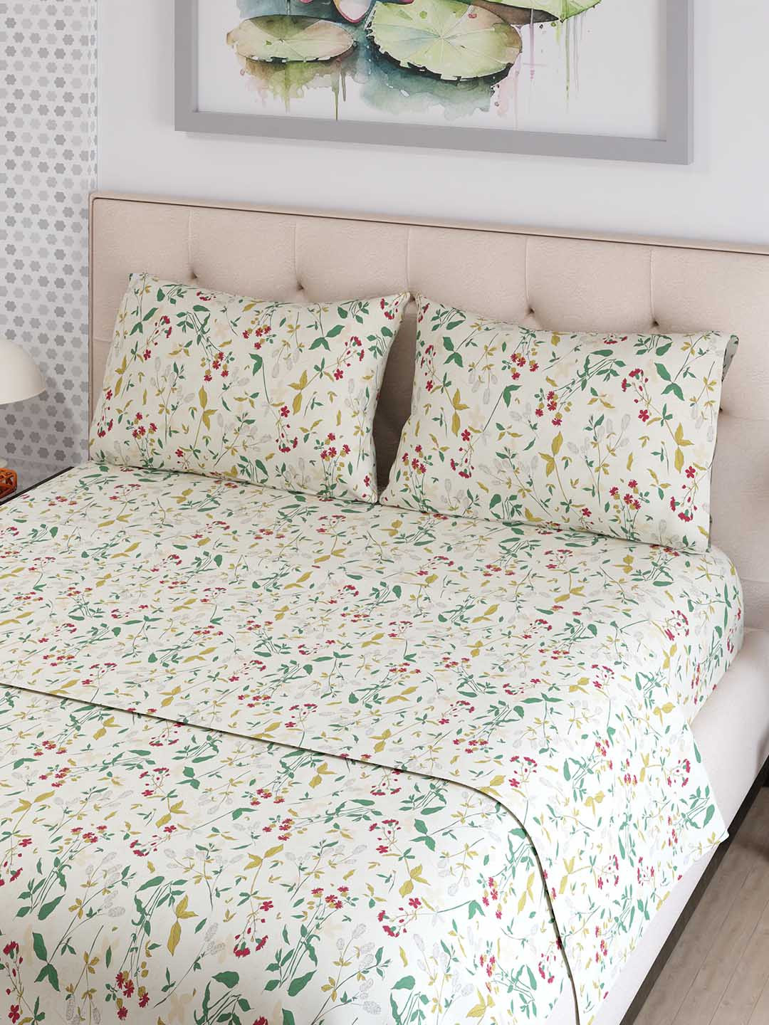 Layers Emaline Beige & Green Floral Cotton 144 TC Double Bedsheet with 2 Pillow Covers