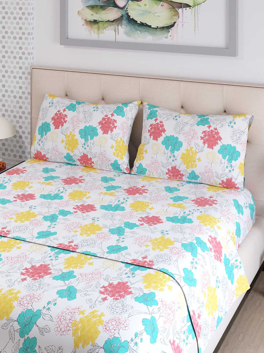 Layers Emaline White & Yellow Floral Cotton 144 TC Double Bedsheet with 2 Pillow Covers