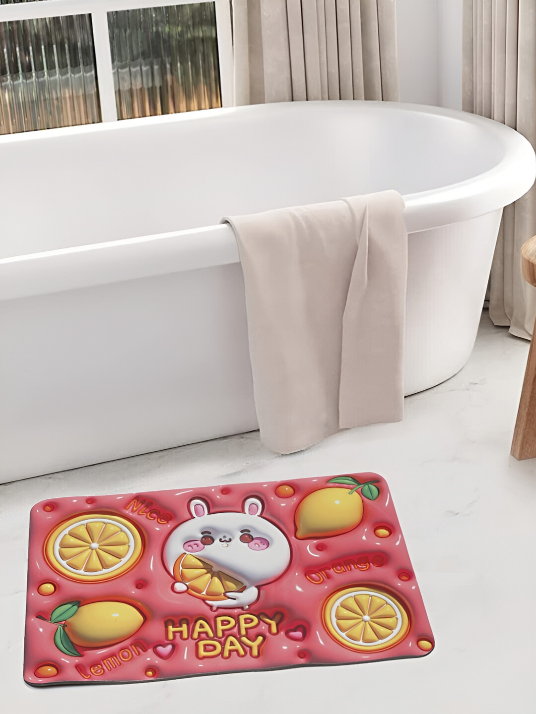 HOSTA HOMES Pink & Yellow 11D Printed Anti skid Rubber Bath Rug