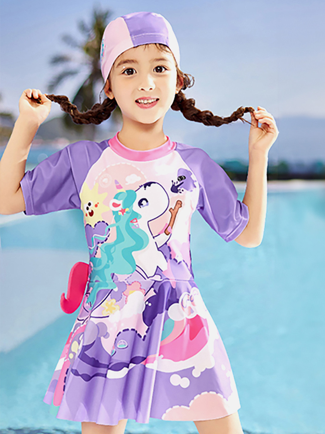 Little Surprise Box LLP Girls Tropical Printed Comfortable Swimming Dress With Cap
