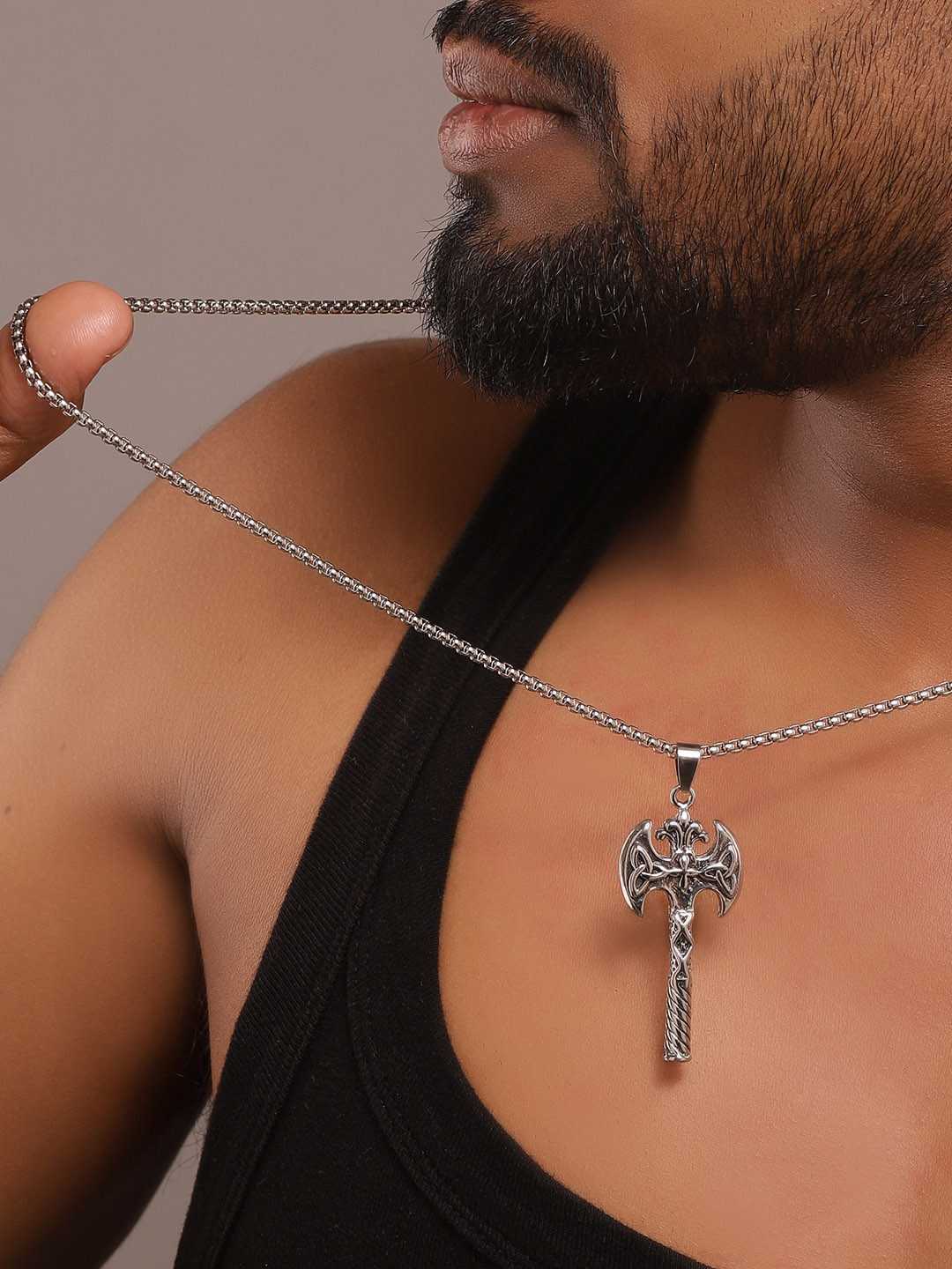 The Roadster Lifestyle Co. Silver Plated Double-sided hand-held weapon pendant & chain
