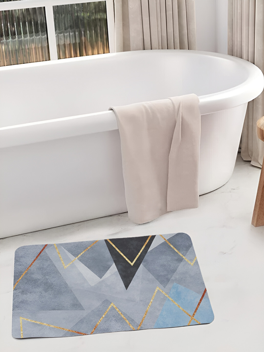 SOKNACK Blue & Grey 11D Printed Anti-skid Water Absorbent Bath Rug