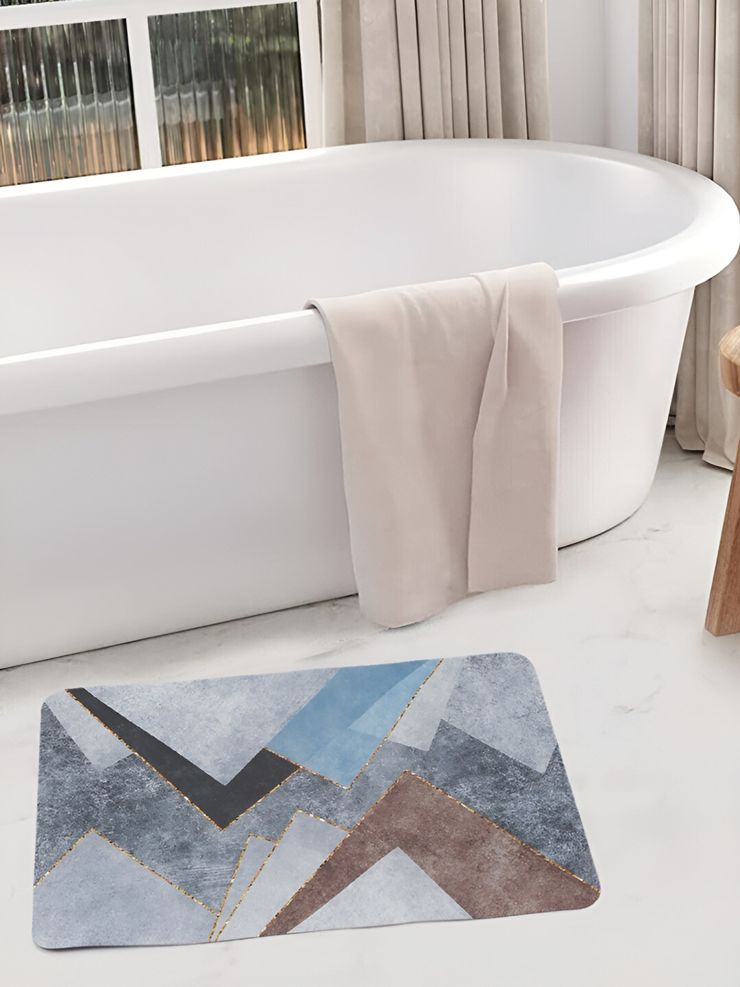 SOKNACK Blue & Grey 11D Printed Anti-skid Water Absorbent Bath Rug