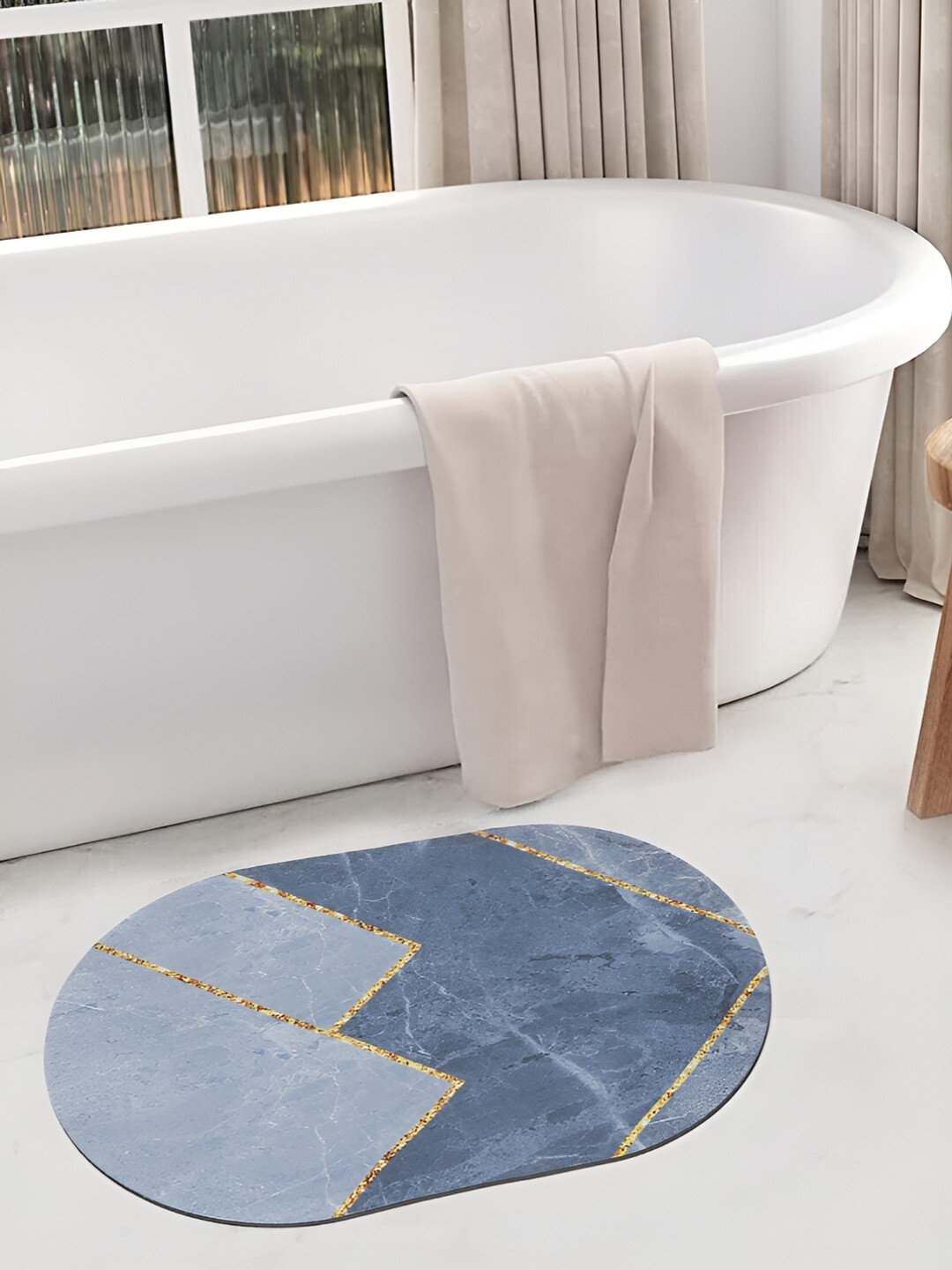 SOKNACK Blue & Grey 11D Printed Anti-skid Water Absorbent Bath Rug