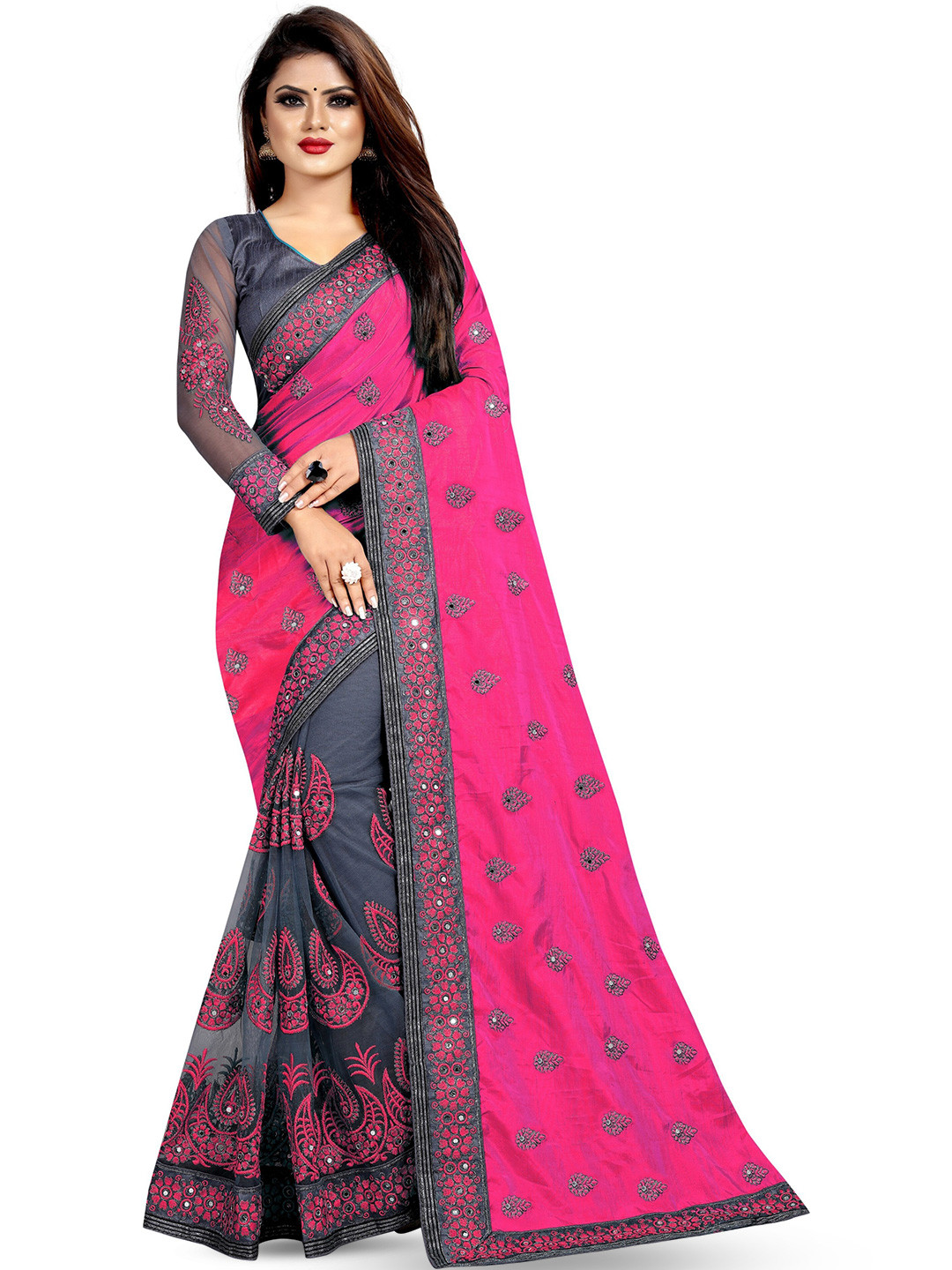 AB YOUNG Ethnic Motifs Embroidered Mirror Work Half and Half Net Saree
