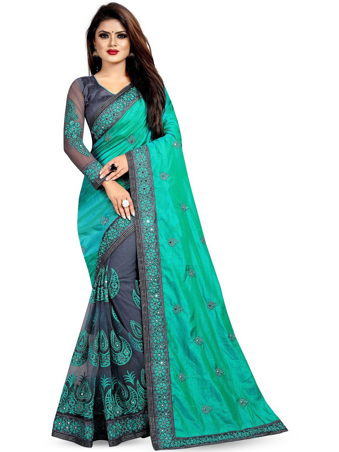 AB YOUNG Ethnic Motifs Embroidered Mirror Work Half and Half Net Saree