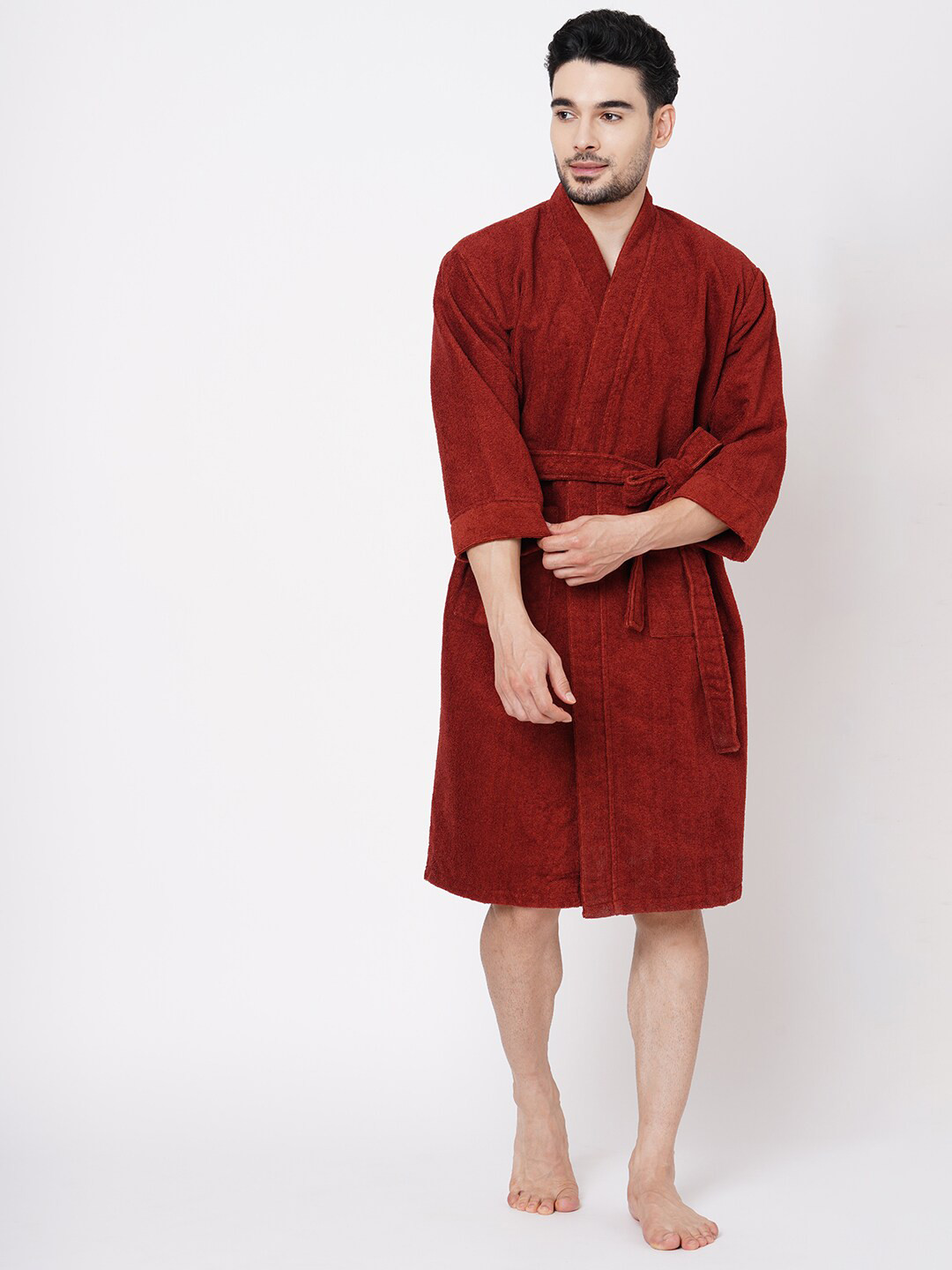 Welspun Dew Brown Solid Cotton Drawstring Knee Length Bath Robe