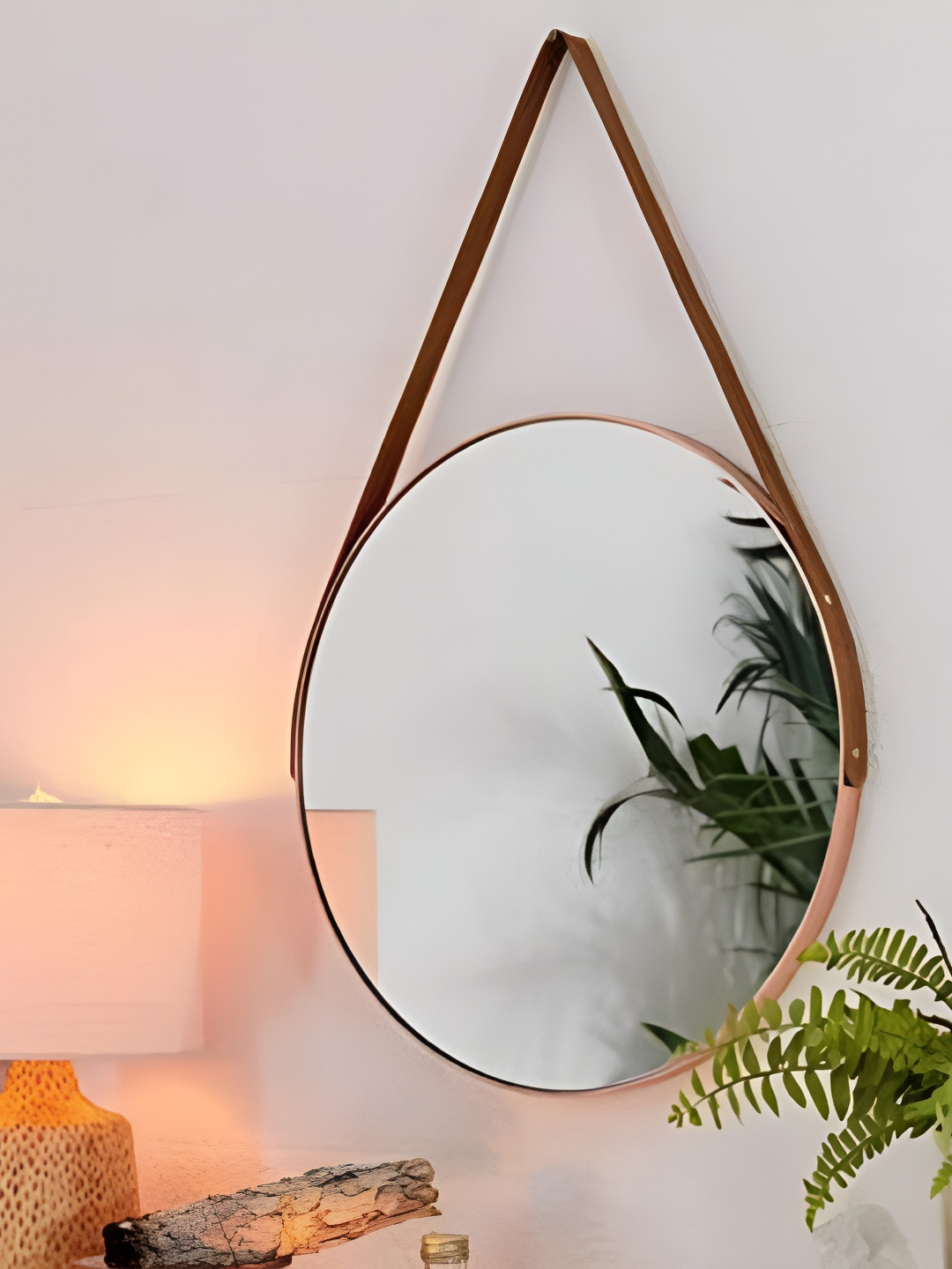 CasaGold Tan Leather Round Mirror With Belt