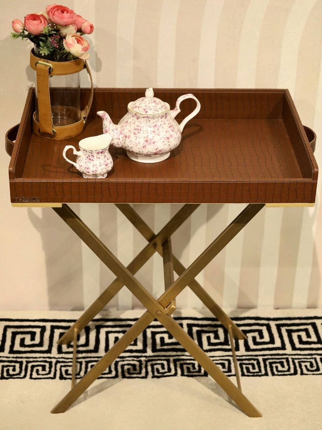 CasaGold Tan Rectangular Metal Tray with Stand