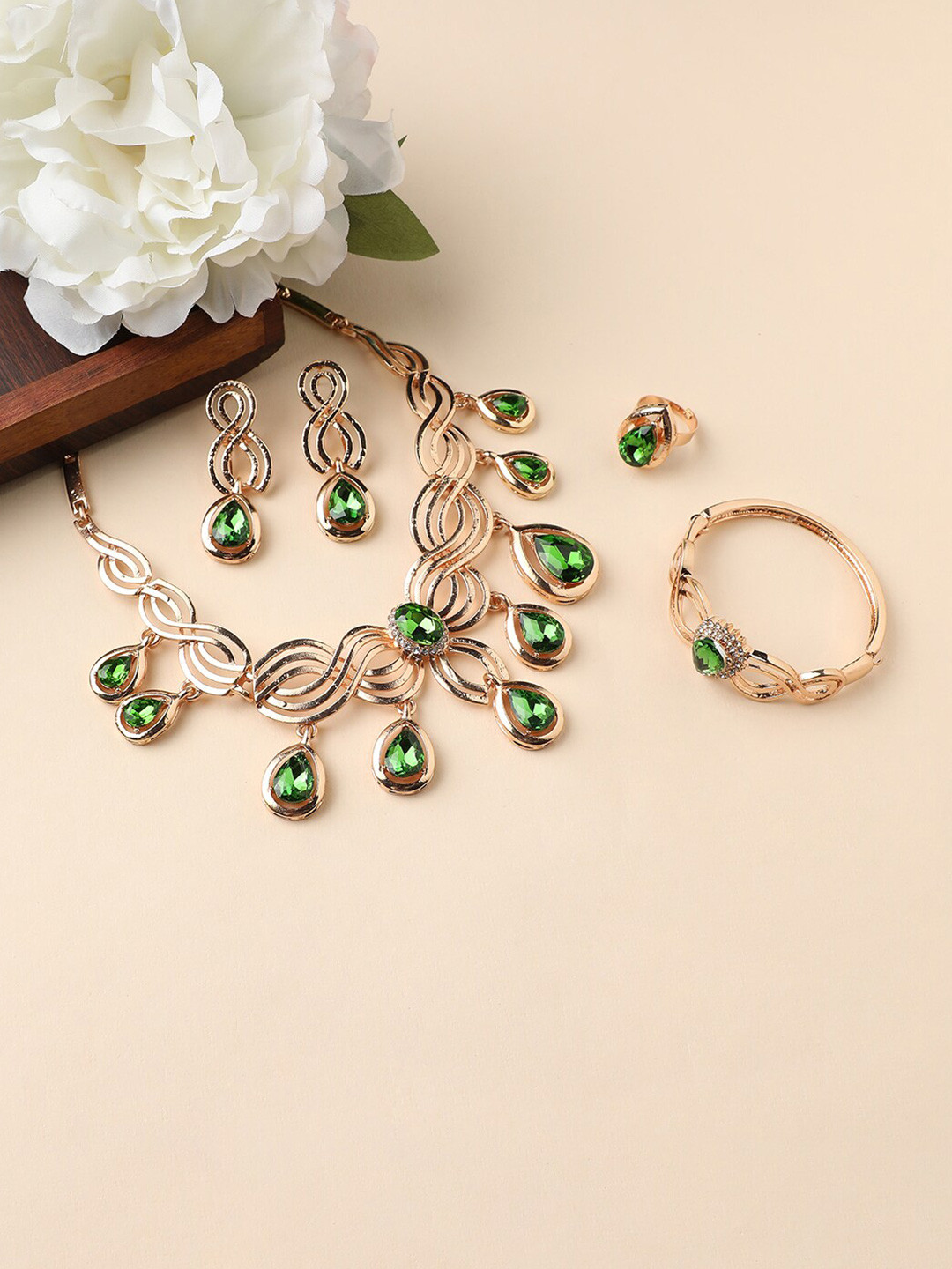 Anouk Green Gold-Plated Stone-Studded Necklace & Earrings With Bracelet