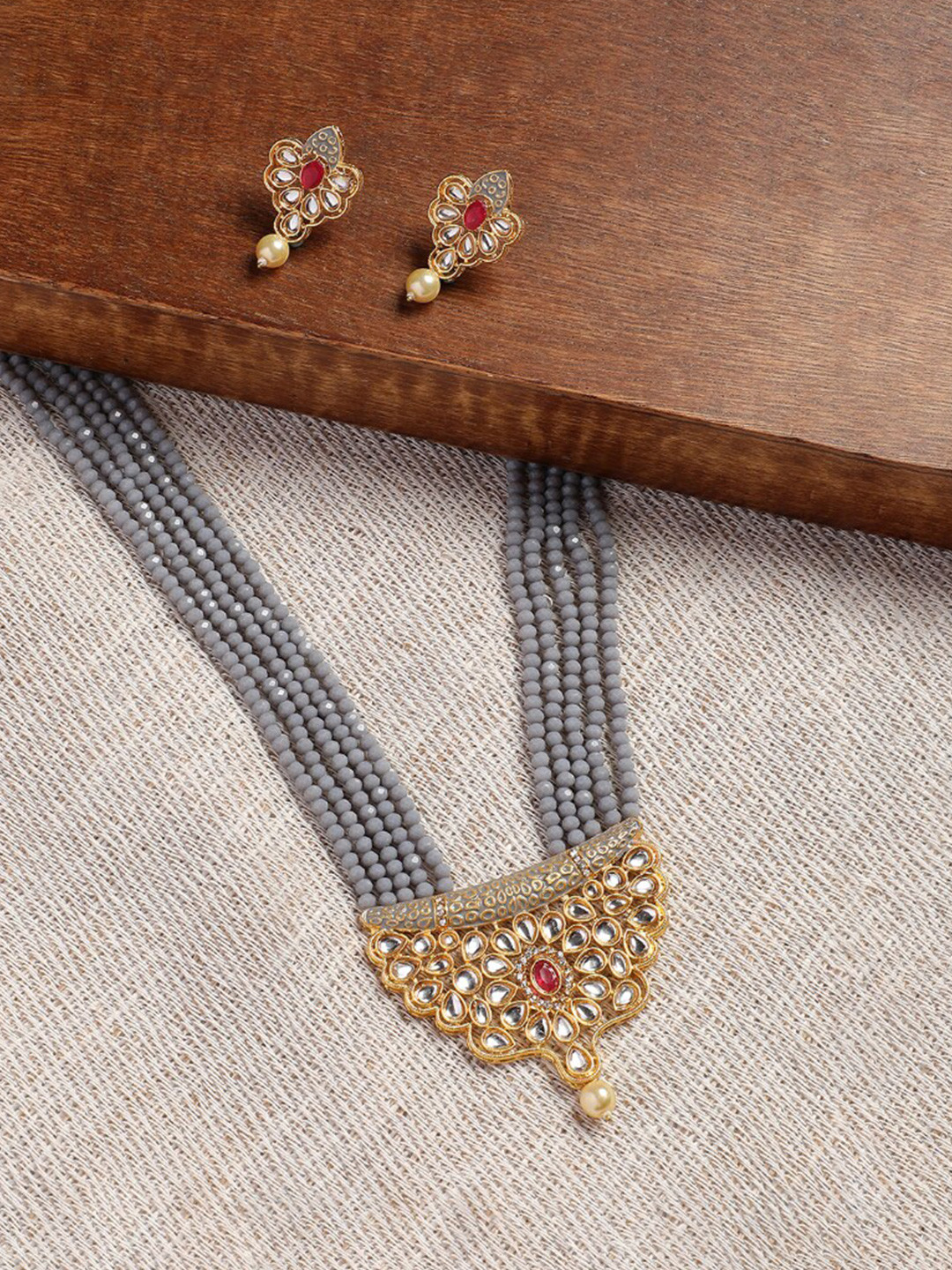 Anouk Grey Beaded Gold-Plated Stone Studded Necklace & Earrings