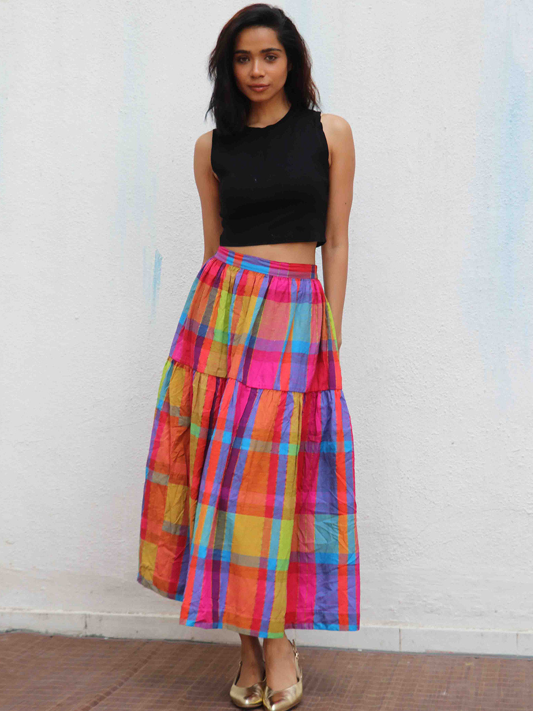 Chidiyaa Checked Pure Cotton Flared Maxi Skirt