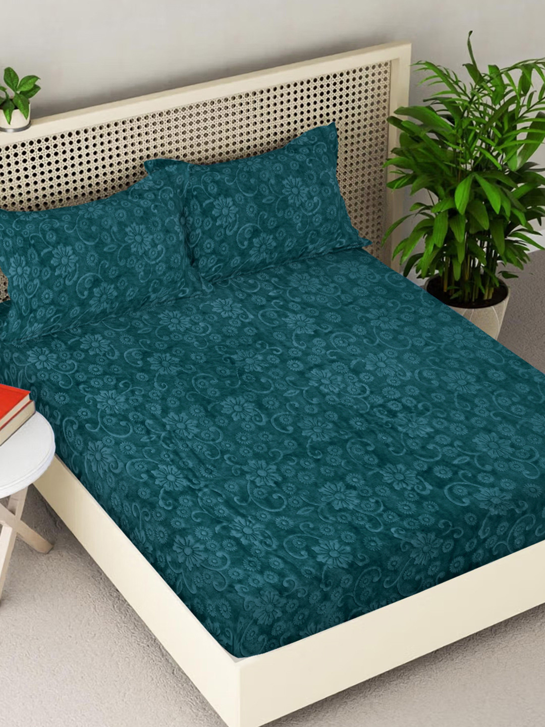 FABINALIV Teal Floral Wool 300 TC King Fine Bedsheet with 2 Pillow Covers-98 x 89 inches