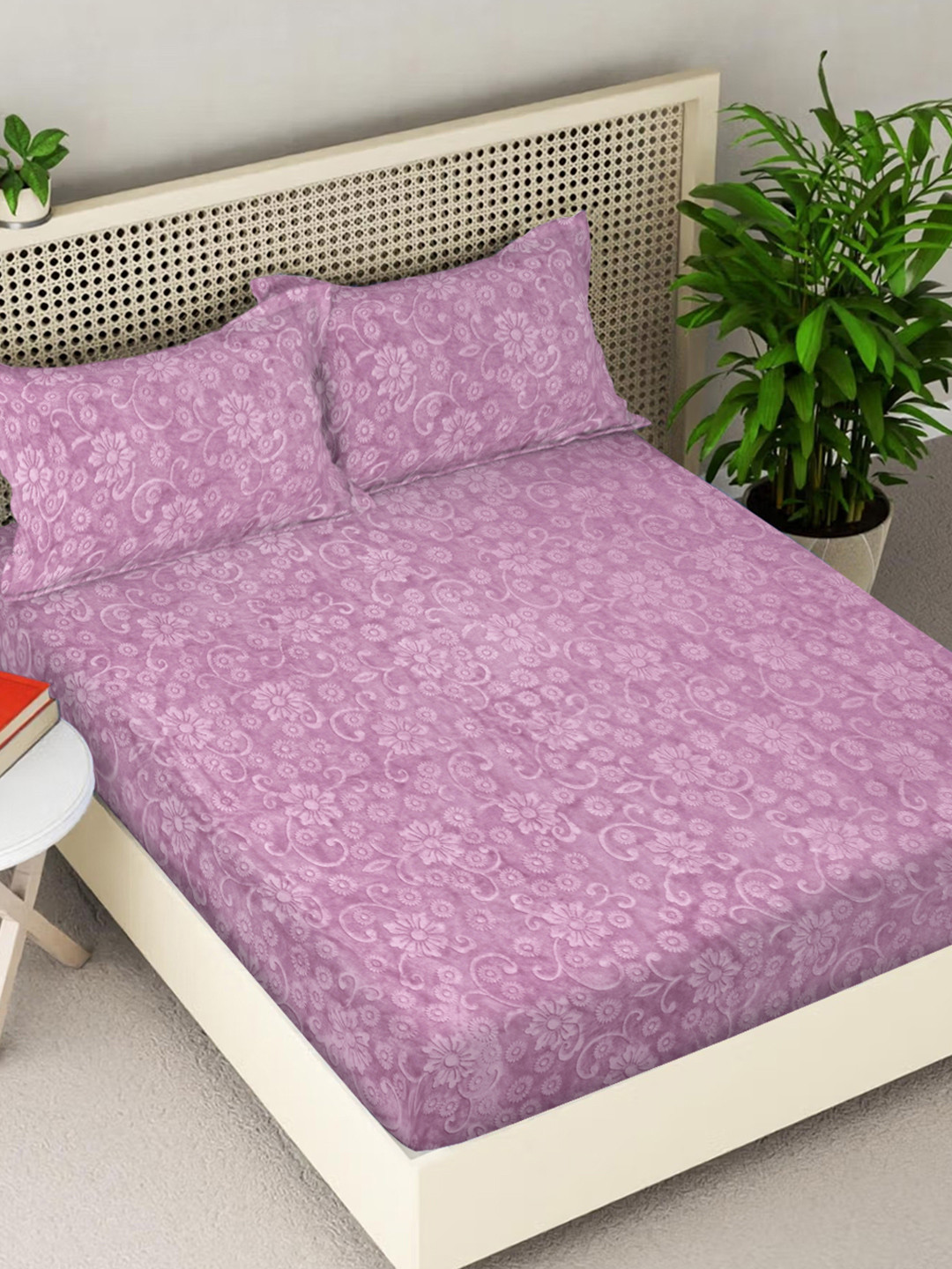 FABINALIV Onion Pink Floral Wool 300 TC King Fine Bedsheet with 2 Pillow Covers-98 x 89 inches