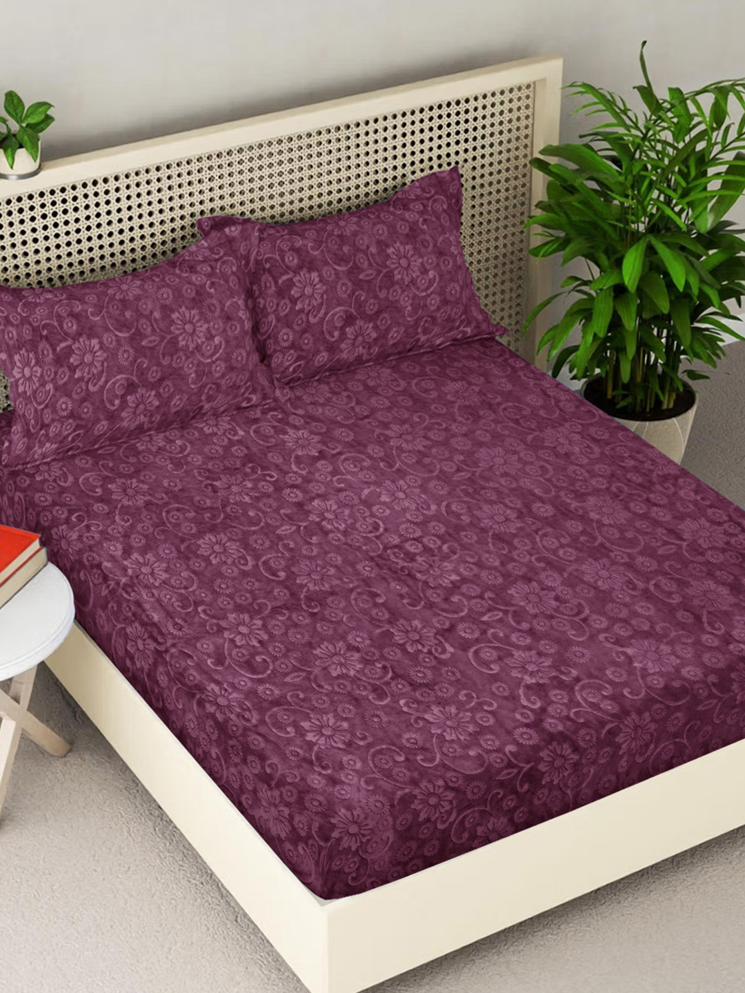 FABINALIV Burgundy Floral 300 TC Woollen Embossed King Size Bedsheet with 2 Pillow Covers