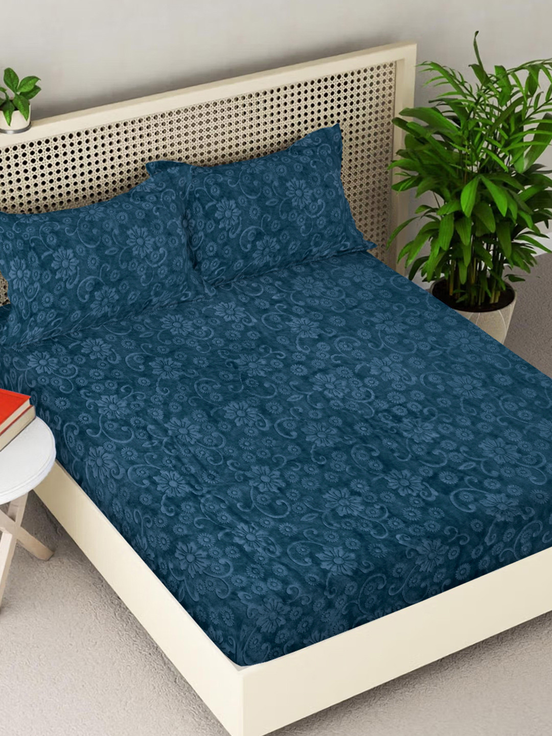 FABINALIV Woollen Embossed Turquoise Blue Floral Wool 300 TC King Fine Bedsheet with 2 Pillow Covers-98 x 89 inches