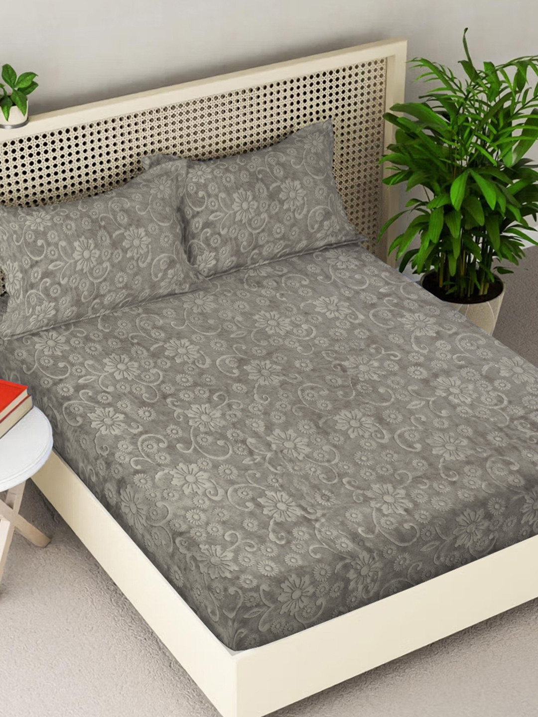 FABINALIV Taupe Floral Wool 300 TC King Fine Bedsheet with 2 Pillow Covers-250 x 225 cm