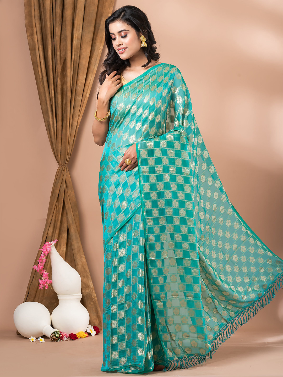 MAHALASA Teal and GoldToned Floral Ethnic Woven Design Art Silk Saree