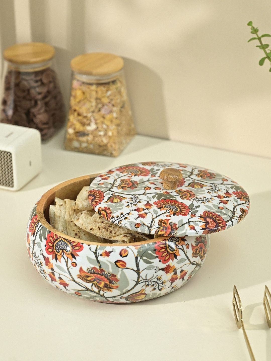 BRICK BROWN White & Brown Floral Printed Wooden Roti Box