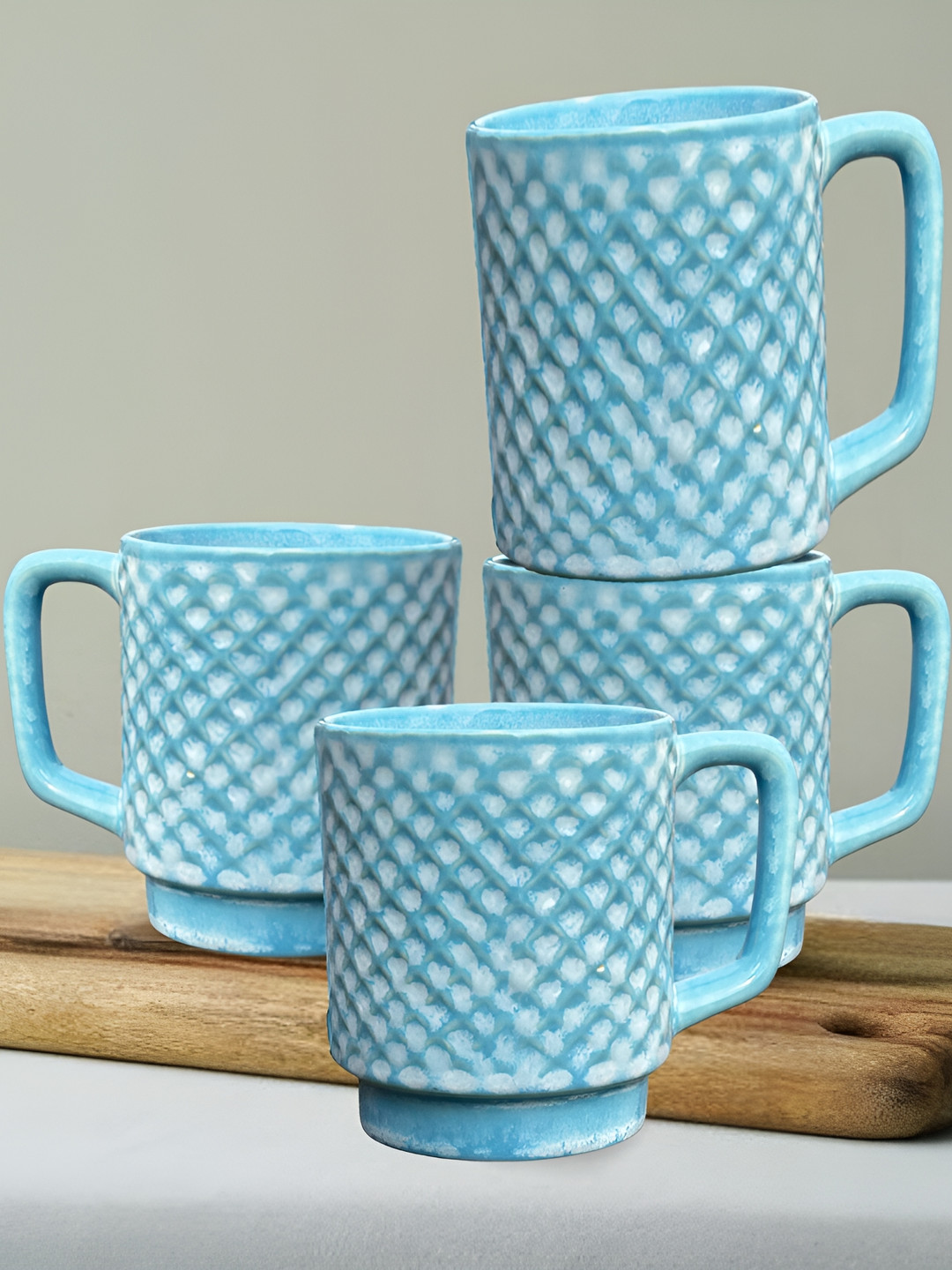 BODHI HOUSE Divine Blue Geometric Ceramic Microwave Safe 4 Piece Mugs-275ml
