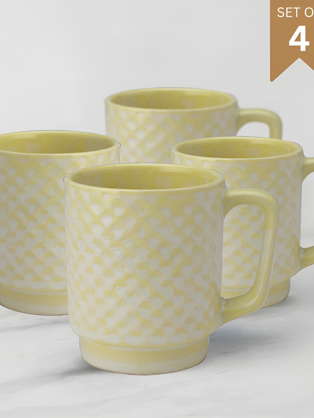 BODHI HOUSE Leaves Yellow Geometric Ceramic Microwave Safe 4 Piece Mugs-275ml