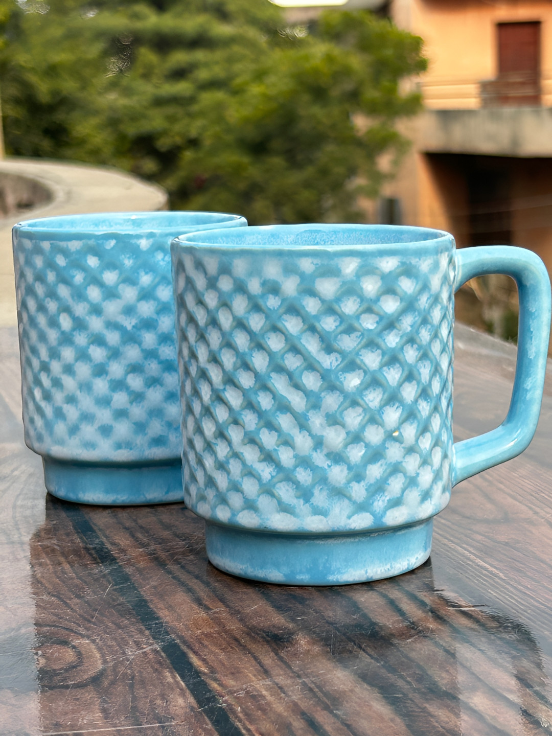 BODHI HOUSE Drip Blue Geometric Ceramic Handmade 2 Piece Mugs-275ml