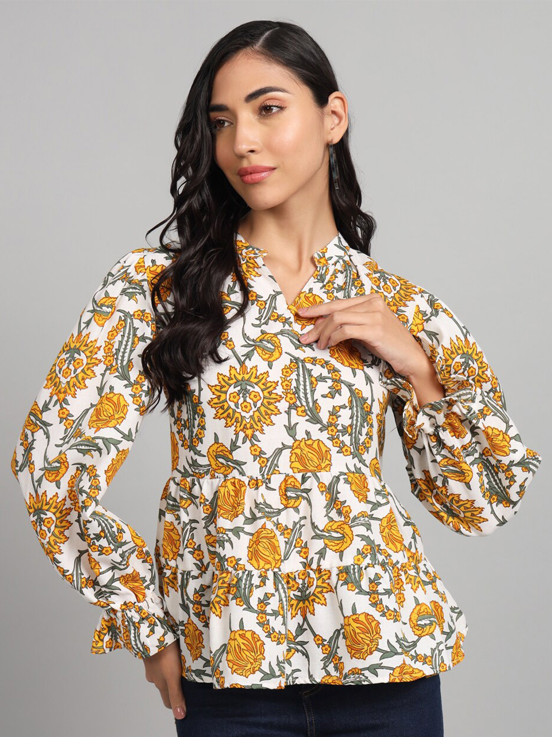 The Dry State Off White & Yellow Floral Print Bishop Sleeves Peplum Top