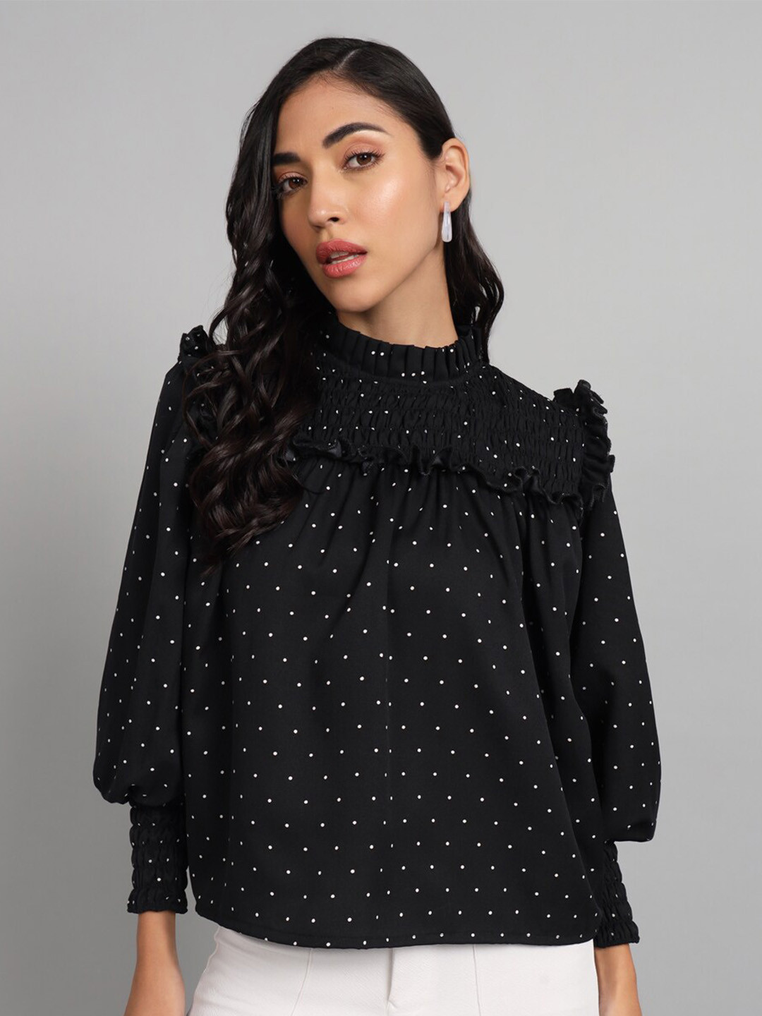 The Dry State Black & White Polka Dot Print Bishop Sleeves Georgette Top
