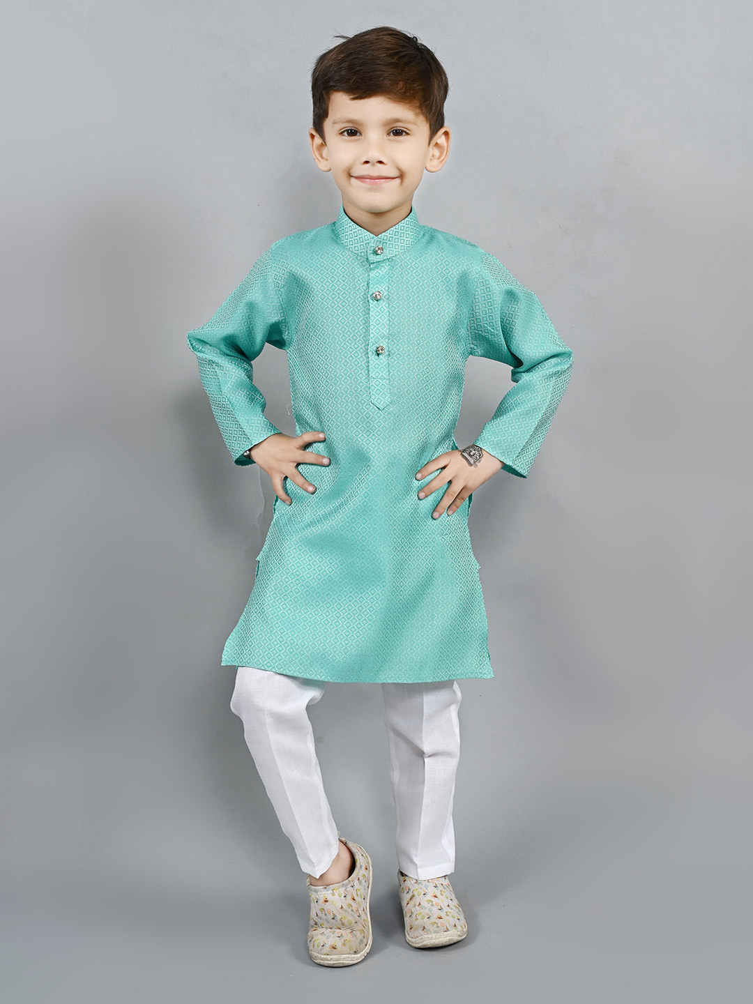 ahhaaaa Boy Geometric Self Design Mandarin Collar Thread Work Kurta with Pyjamas