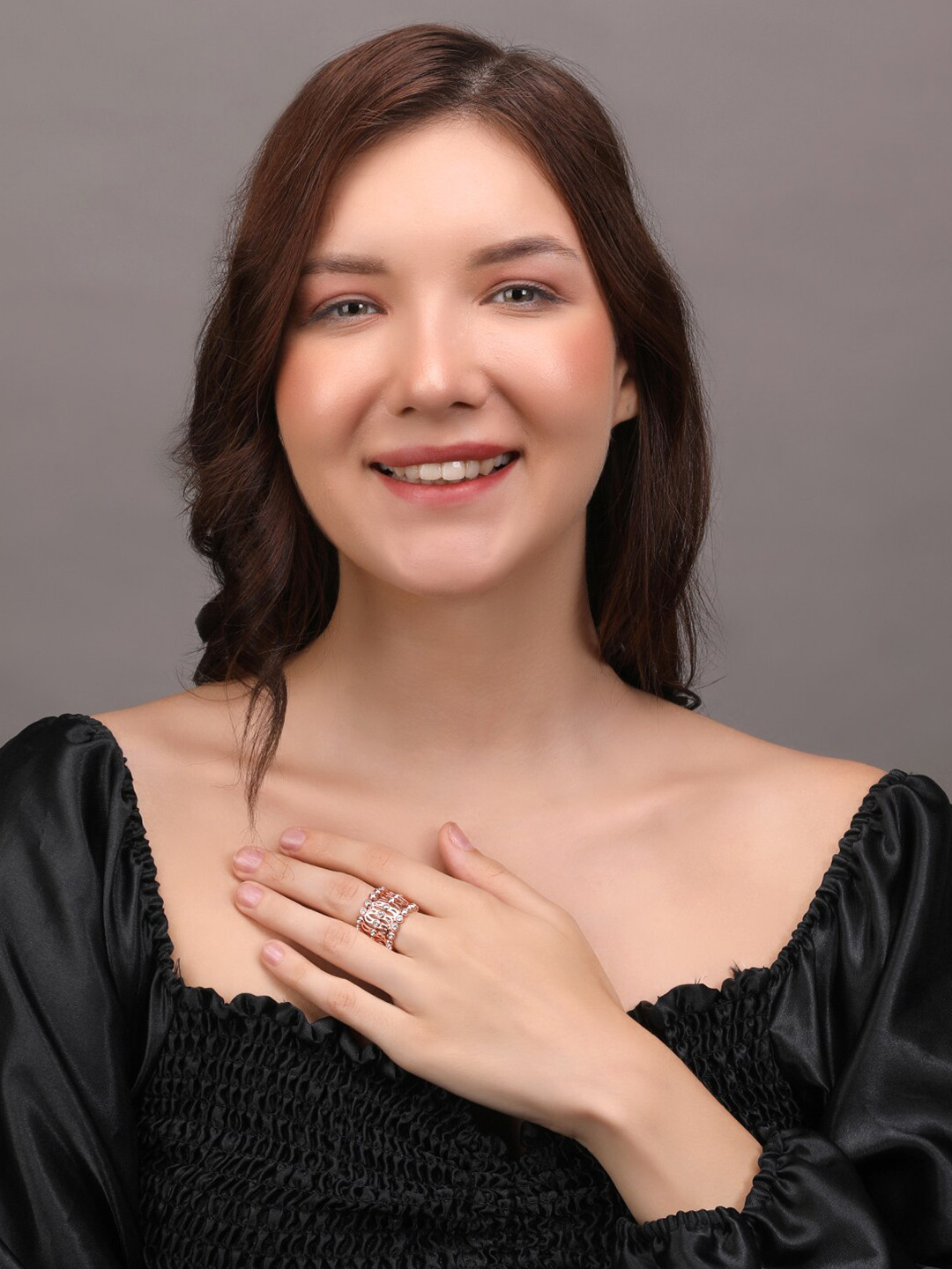 Silver Chest Women 925 Sterling Silver CZ-Studded Rhodium-Plated Link Bracelet Cum Ring